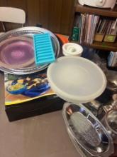 plastic serving trays, snack bowl and miscellaneous lot in basement