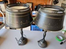 Pair of metal shaded lamps. Twenty inches tall