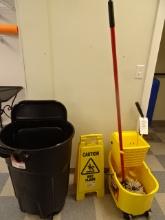 COMERCIAL MOP BUCKET, RUBBERMAID TRASH CAN, FLOOR SIGN, FOLDING CHAIR