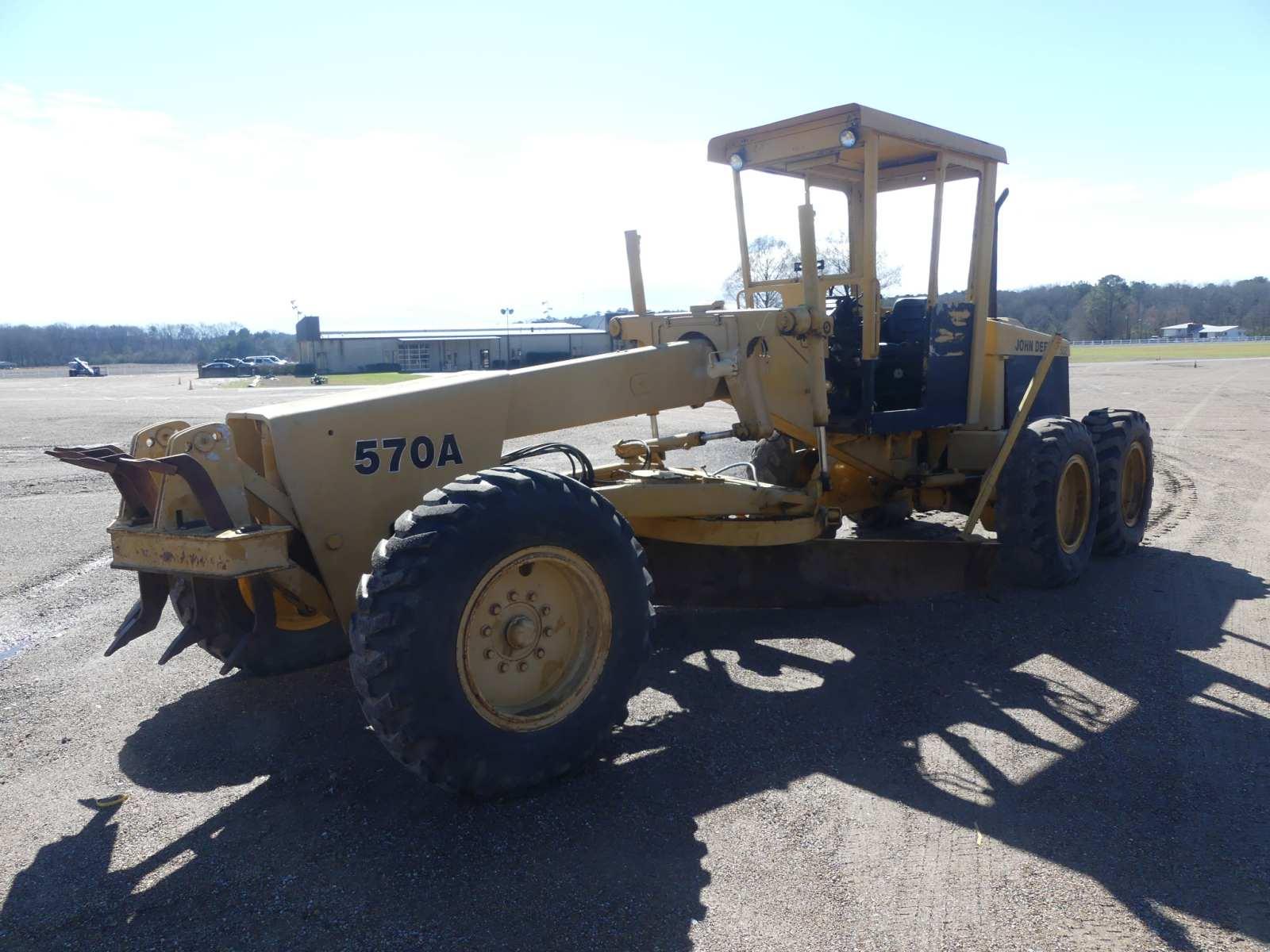 John Deere 570A Motor Grader, s/n DW570AX507864: Canopy, 12' Moldboard, Hyd