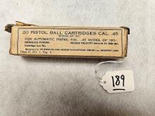 (20) PISTOL BALL CARTRIDGES 45 CAL MODEL 1911 REMMINGTON ARMS CO