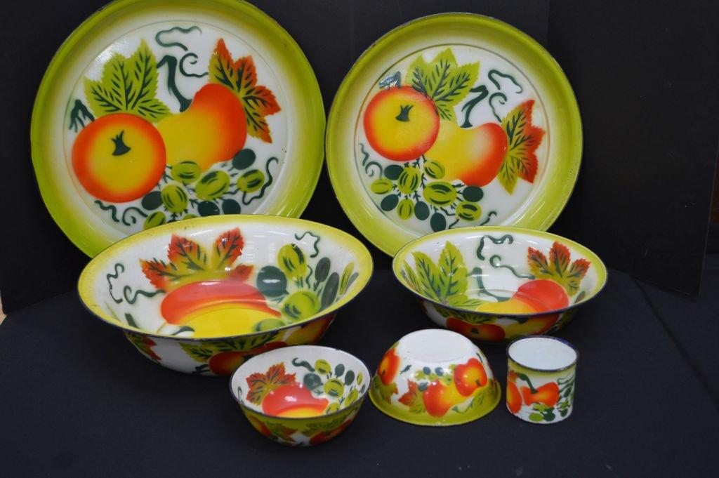 Group Of Enameled/porcelain Trays & Bowls W/ Fruit Decoration