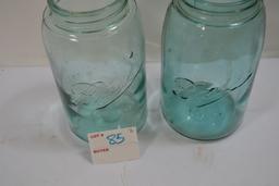 Pair of Vintage Blue Quart Mason Jars