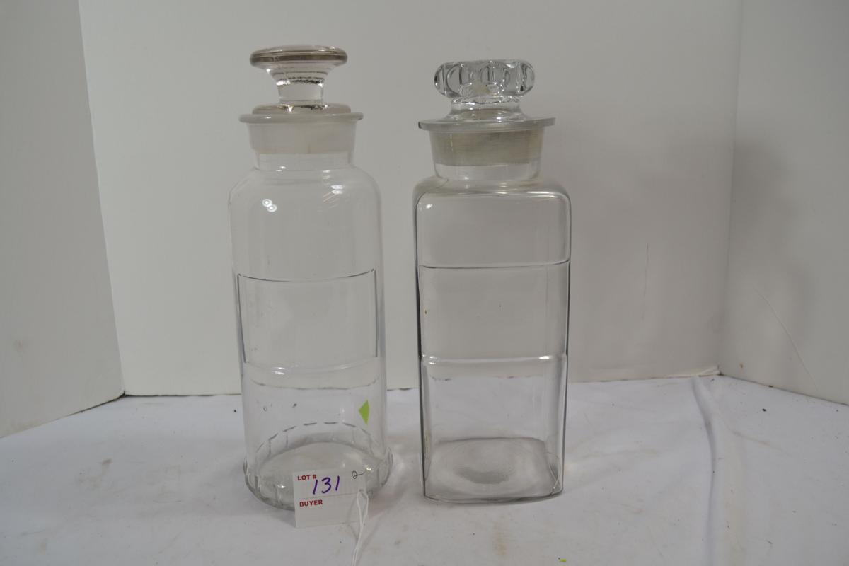 Pair of Vintage Half Gallon Clear Glass Apothecary Jars w/Stoppers; Chip in Stopper and Small Crack