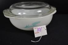 Pyrex Blue Wheat No. 023 Casserole w/Lid; Mfg. 1961-1962; Chip on lid.