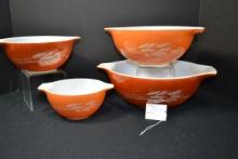 Pyrex 1980s Autumn Harvest Cinderella Mixing Bowl Set; Nos. 441, 442, 443, and 444; No Chips