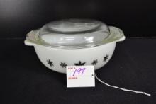 JAJ Pyrex Black Snowflake on White Casserole No. 023 w/Lid from England