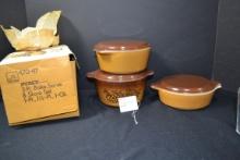 Pyrex 1973-78 Old Orchard 470  Casserole Set w/Lids in Original Box; Nos. 471, 472, and 473; No Chip