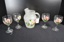 Set of 4 Handpainted Wine Glasses and Handpainted Frosted Pitcher