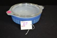 Pyrex Blue Strip Barcode No. 471 Bake, Serve, and Store Round Casserole w/Lid; Mfg. 1966