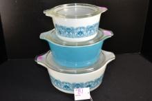 Pyrex New Horizon Casserole Set including Nos. 473, 474, and 475 w/Lids; Mfg. 1969-1972