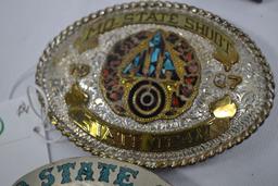 Pair Silver and Gold 1986 and 1987 Turquoise and Corral Mo State Shoot State Team MTA Belt Buckles