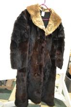 Bear Skin Coat with Wooden Buttons, Quilted Interior, Faux Fur Collar