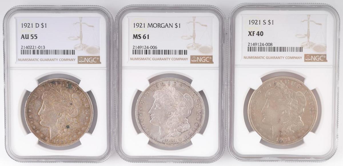 3 NGC GRADED 1921 PDS MORGAN DOLLARS