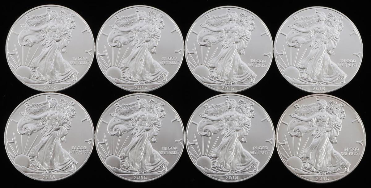 LOT OF 8 1 OZ AMERICAN SILVER EAGLE $1 COINS