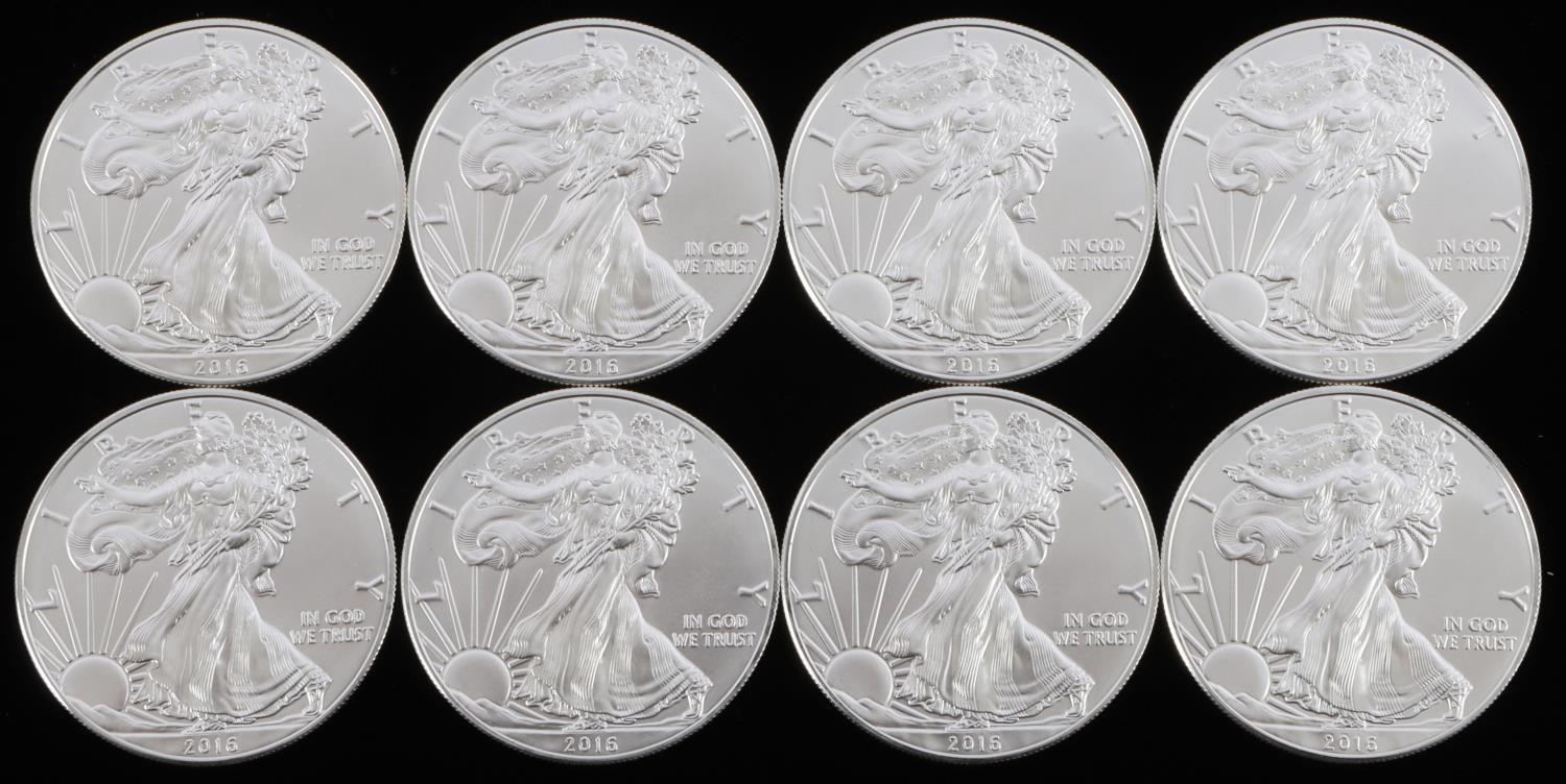 LOT OF 8 1 OZ AMERICAN SILVER EAGLE $1 COINS