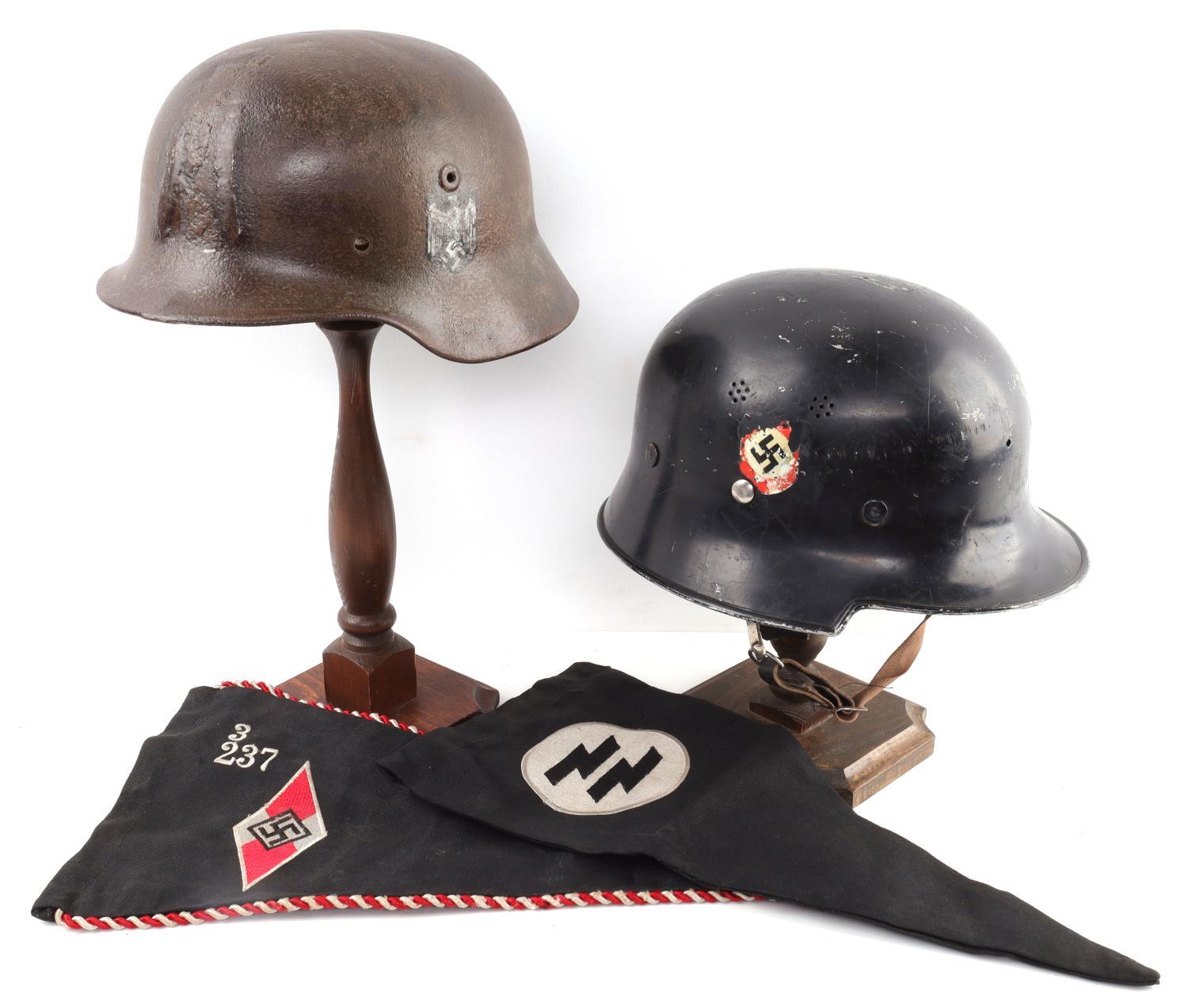 WWII GERMAN HELMET AND VEHICLE PENNANT LOT OF 4