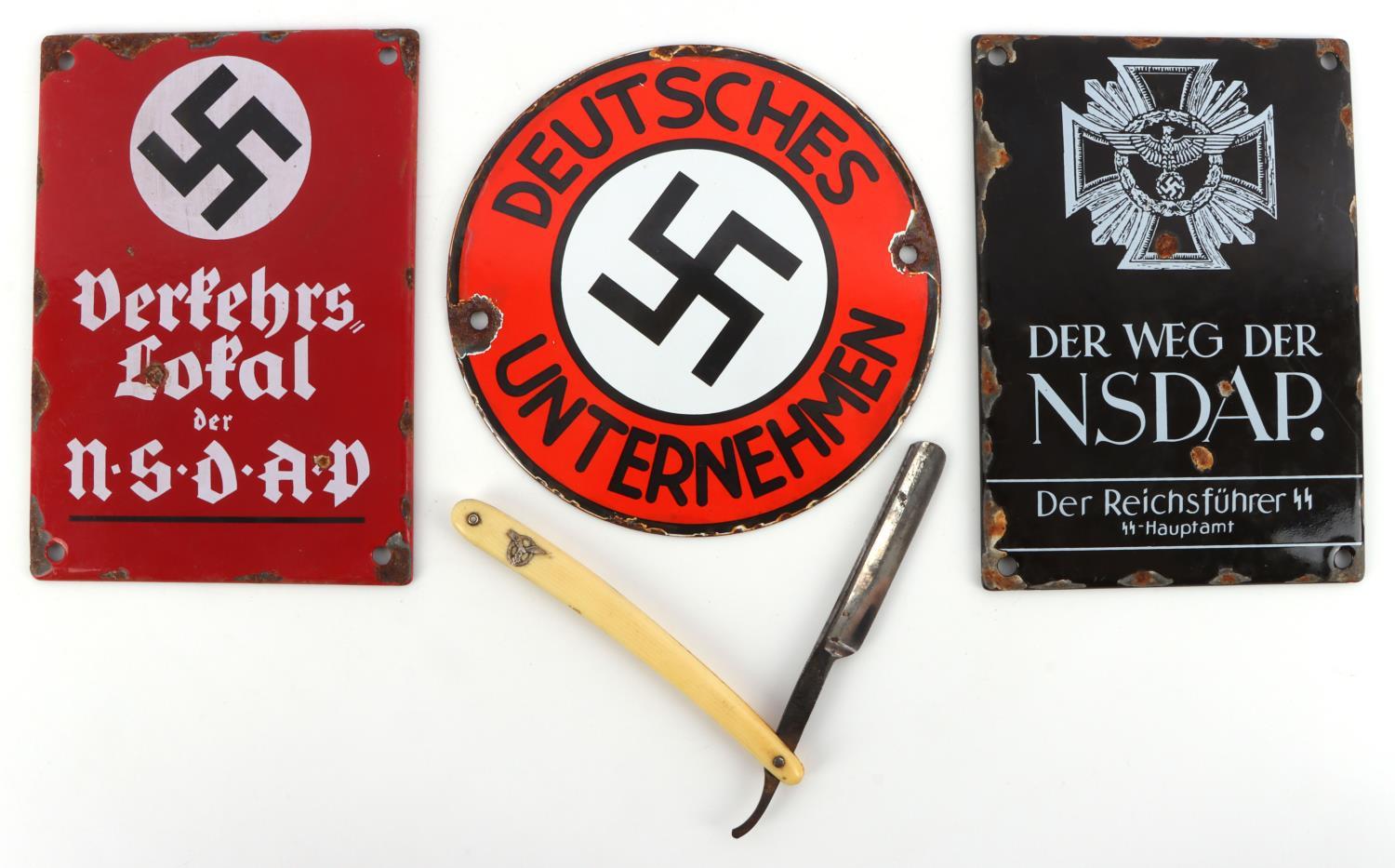 LOT OF 4 WWII GERMAN NSDAP SIGNS AND RAZOR