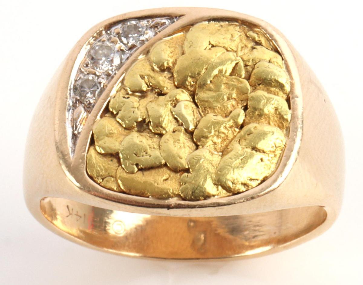 14K YELLOW GOLD NUGGET DIAMOND RING SIZE 7 7.1 GR