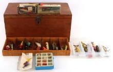 VINTAGE FISHING LURES BAIT FLIES & TACKLE BOX LOT