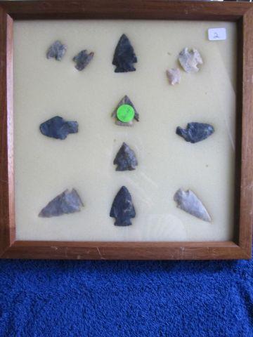 FRAME W/12 NATIVE AMERICAN ARTIFACTS FOUND IN HALMES CO. OHIO