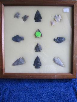 FRAME W/12 NATIVE AMERICAN ARTIFACTS FOUND IN HALMES CO. OHIO