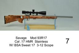 Savage    Mod 93R17    Cal .17 HMR    Thumbhole Stock    Stainless    SN: 0950109    W/ BSA Sweet 17