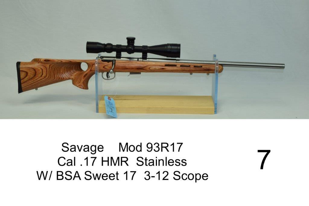 Savage    Mod 93R17    Cal .17 HMR    Thumbhole Stock    Stainless    SN: 0950109    W/ BSA Sweet 17