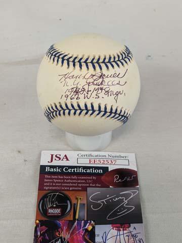 Hank Bauer Yankees signed MLB ball stats, signed JSA