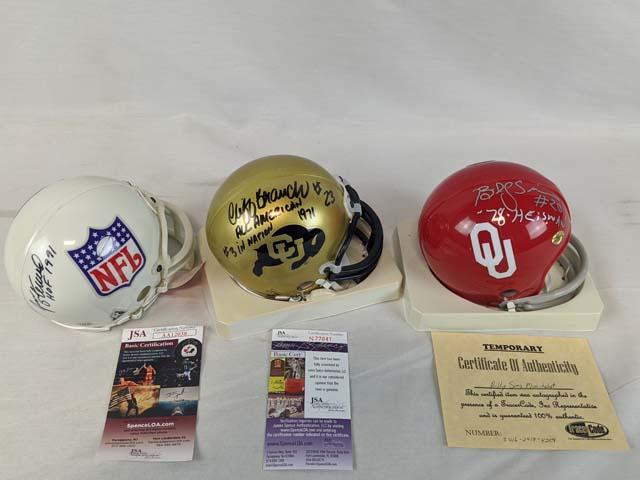 Billy Sims, Jan Stenerud & Cliff Branch signed mini-helmets, certed