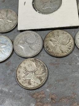 Silver Canadian Quarter Lot, 1942, 1943, 1951, 1952, 1961, 1962, 1966 and 1968