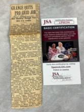 Red Grange Signed Newspaper Clipping- JSA