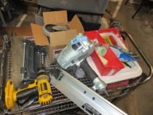 BOX LOT-METLABO AIR POWER FRAMING GUN/C-CLAMPS/DEWALT CORDLESS DRILL-NO BATTERY/CASTERS/PAINT SUPPLY