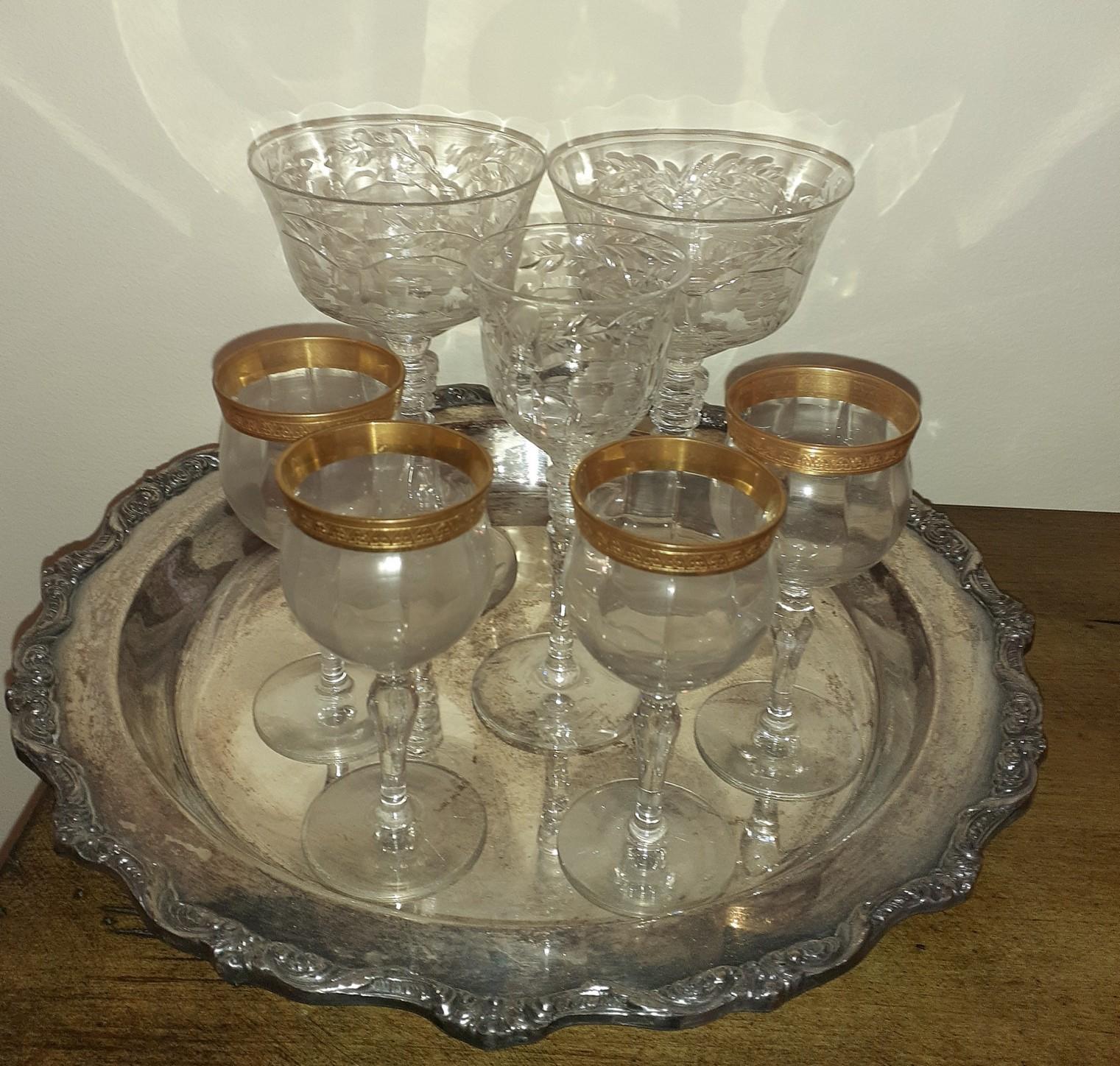 Crystal glasses and silverplate serving tray