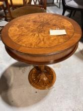 Round Burl and Walnut Side Table with Carved Base and  Inlaid Markee - 21 D x 26 H In