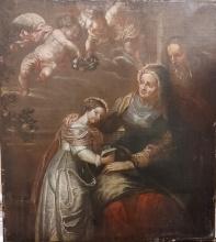 Mid-17th Century Large Oil on Canvas Education of Mary, Flemish School