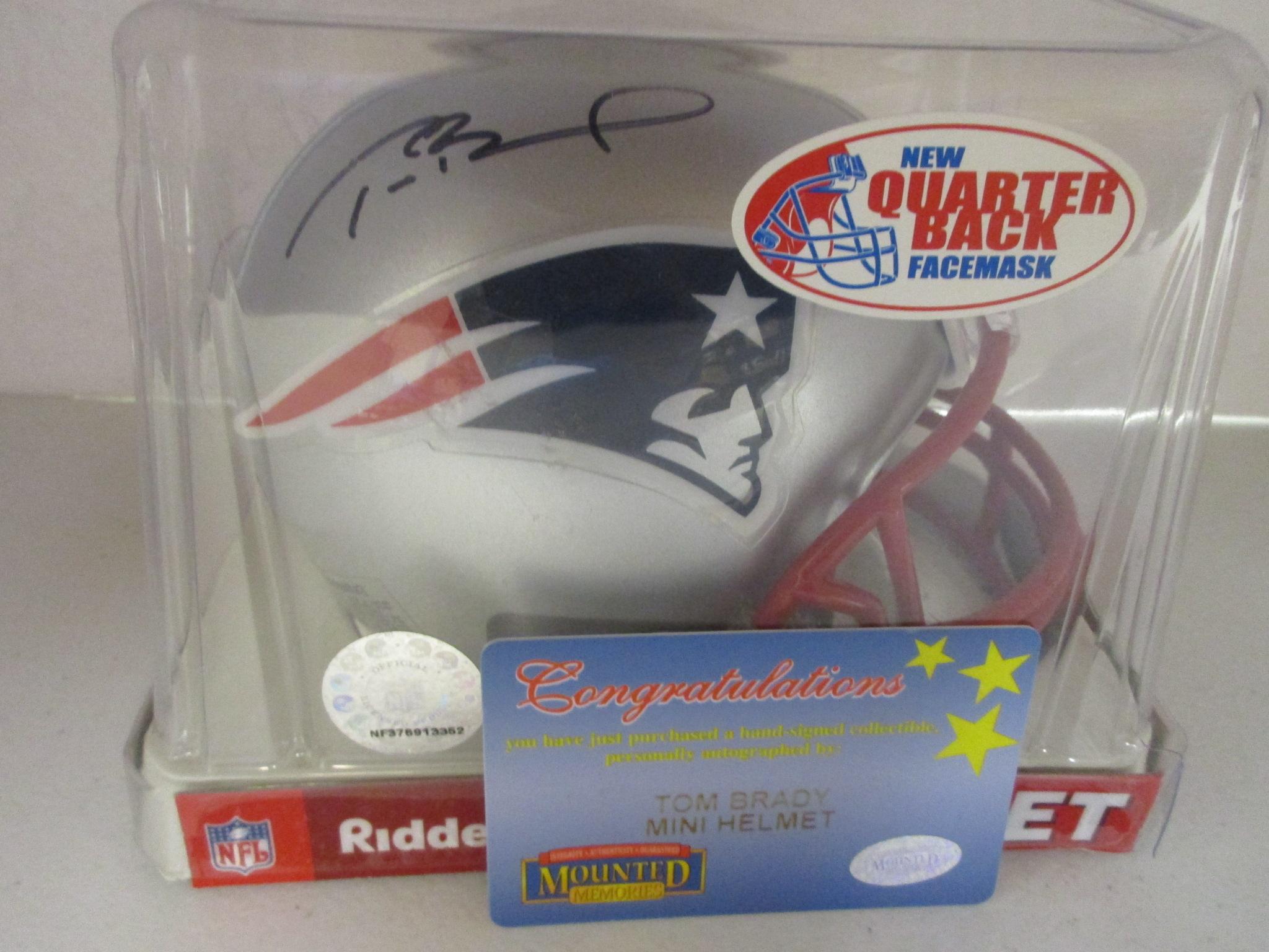 Tom Brady of the New England Patriots signed auto mini football helmet Mounted Memories COA