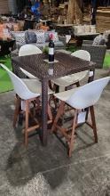 BRAND NEW OUTDOOR Brown Synthetic Wicker High Top Bar 32" x 32" Table With Glass Top and 4 Recycled