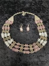 One Matching Silver Threaded Necklace and Pair of Earrings with White and Purple Beads