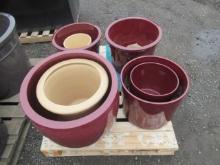 SET OF (5) ASSORTED DARK RED PLANTER BOXES (12'' - 20''), & (2) BEIGE PLANTER BOXES (10''/15'')