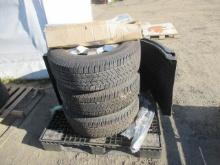 (3) LT265/70R18 GOODYEAR TIRES ON 8 LUG STEEL WHEELS, (2) SEMI FENDER FLARES, & ASSORTED BRACKETS