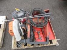 STIHL BACKPACK BLOWER, PORTABLE CABLE PANCAKE AIR COMPRESSOR, VEHICLE RAMPS, SAWHORSE, & ASSORTED
