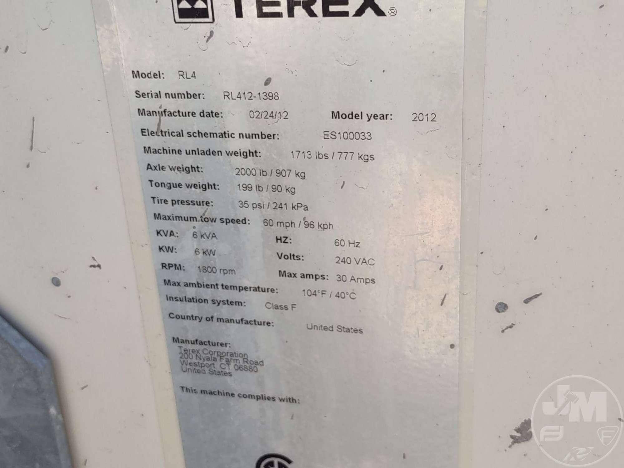 2012 TEREX RL4 4 BULB LIGHT TOWER SN: RL412-1398