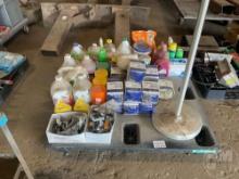 PALLET OF CLEANING SUPPLIES, DUST MASKS, CUTTING GLASSES, COAT RACK,