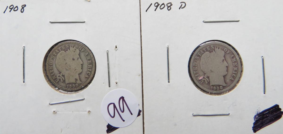 1908, 1908-D Barber Dimes