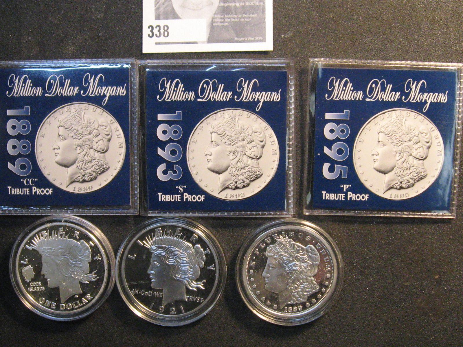 (2) 1889CC, 1893S & 1895P Tribute Dollars, 1921 Peace Dollar, & Cook Island 1921 Morgan & Peace Doll