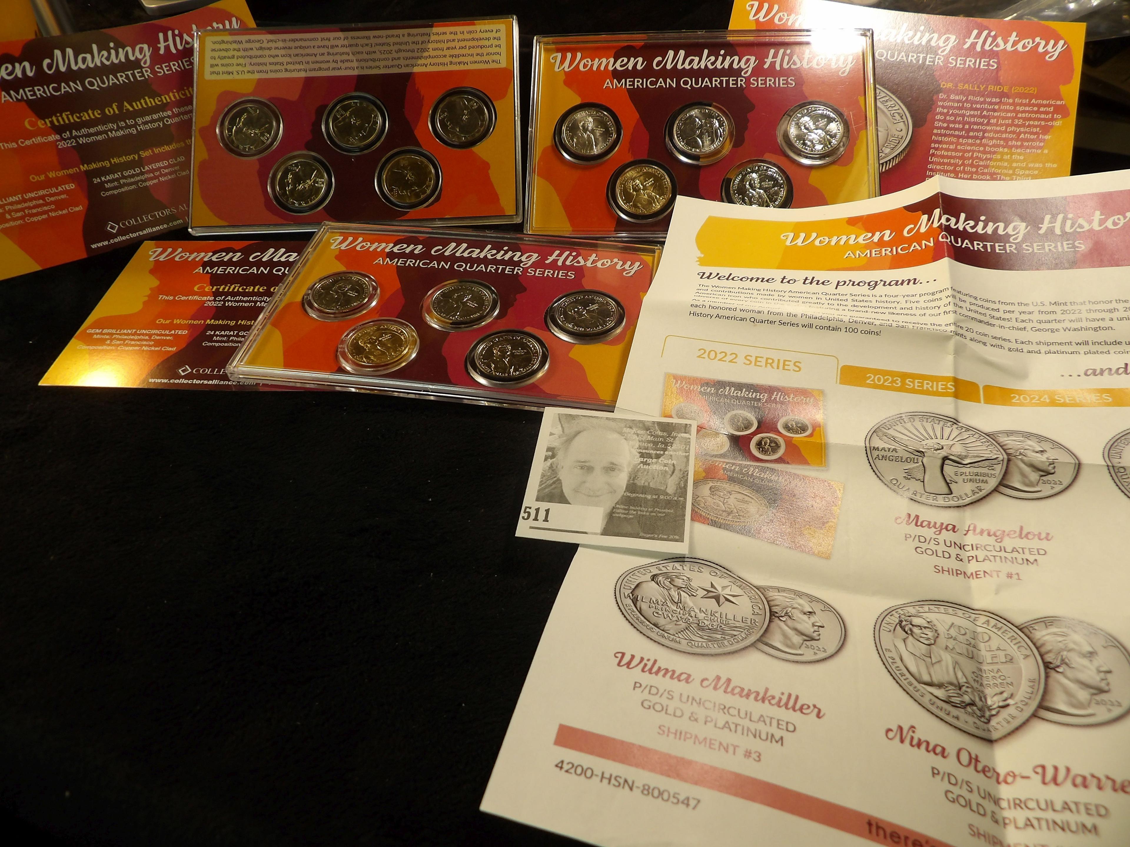 (3) Five-Coin American Quarter Series "Women Making History" Coin Sets. Complete with literature.
