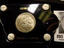 1846-1946 Iowa Silver Commemorative Half Dollar, Uncirculated and stored in an Iowa Map shaped Capit