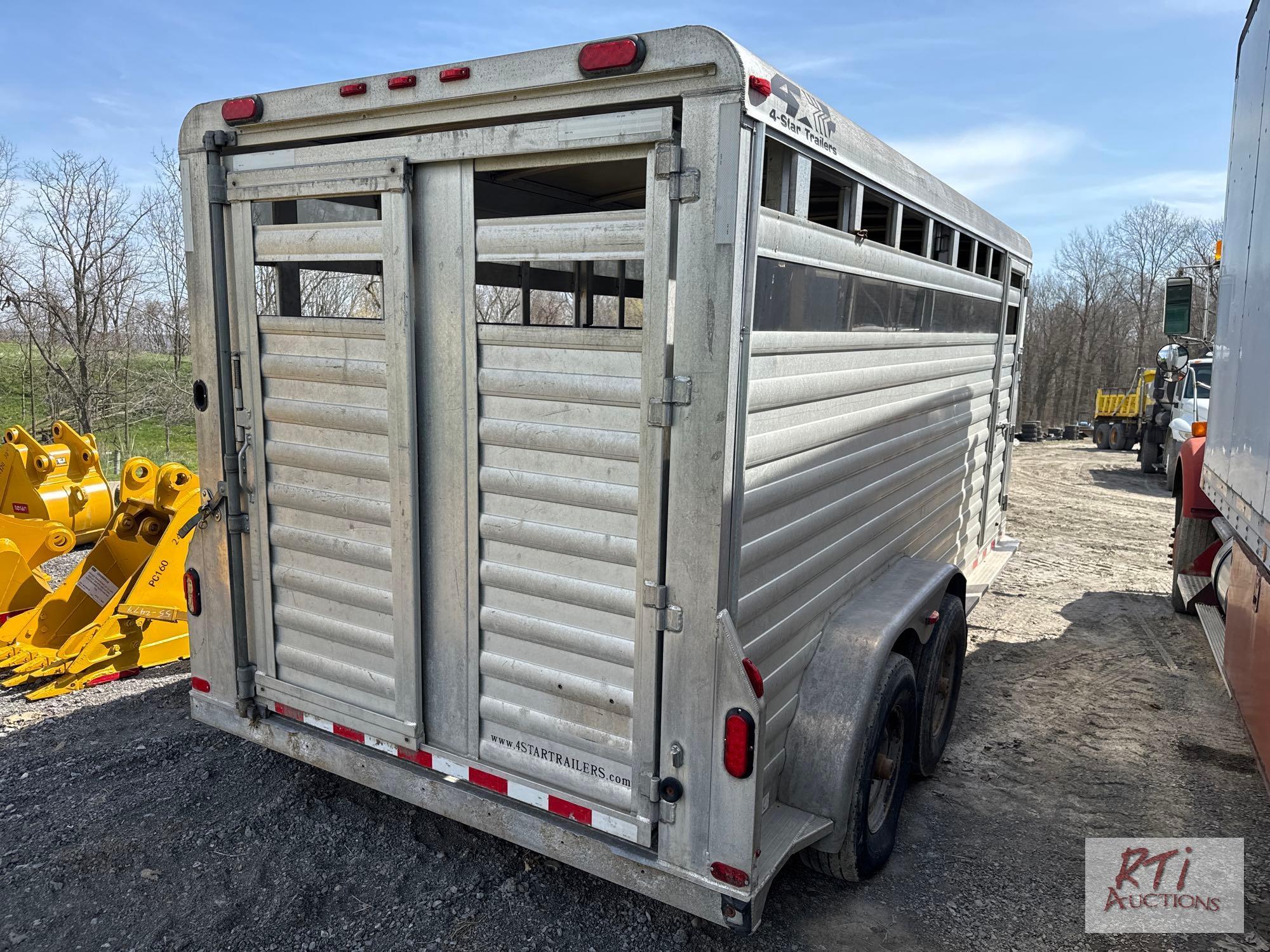 2010 4 Star tandem axle 16ft aluminum gooseneck cattle trailer, interior partition, storage above