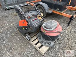 Pallet with (2) shop vacs and Husqvarna walk behind snowblower